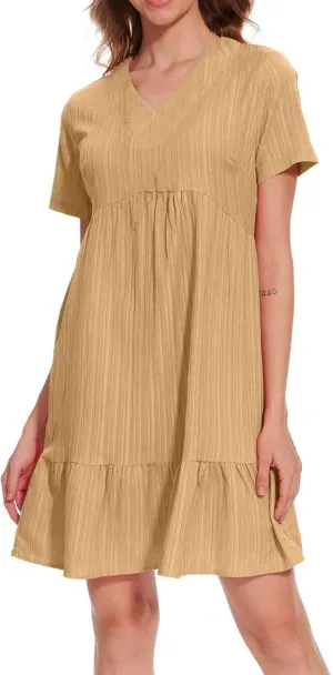 Summer Dresses for Women 2025 Casual Short Sleeve V Neck Midi Dress Pleated Tiered A Line Flowy Sundresses Vacation Clothes