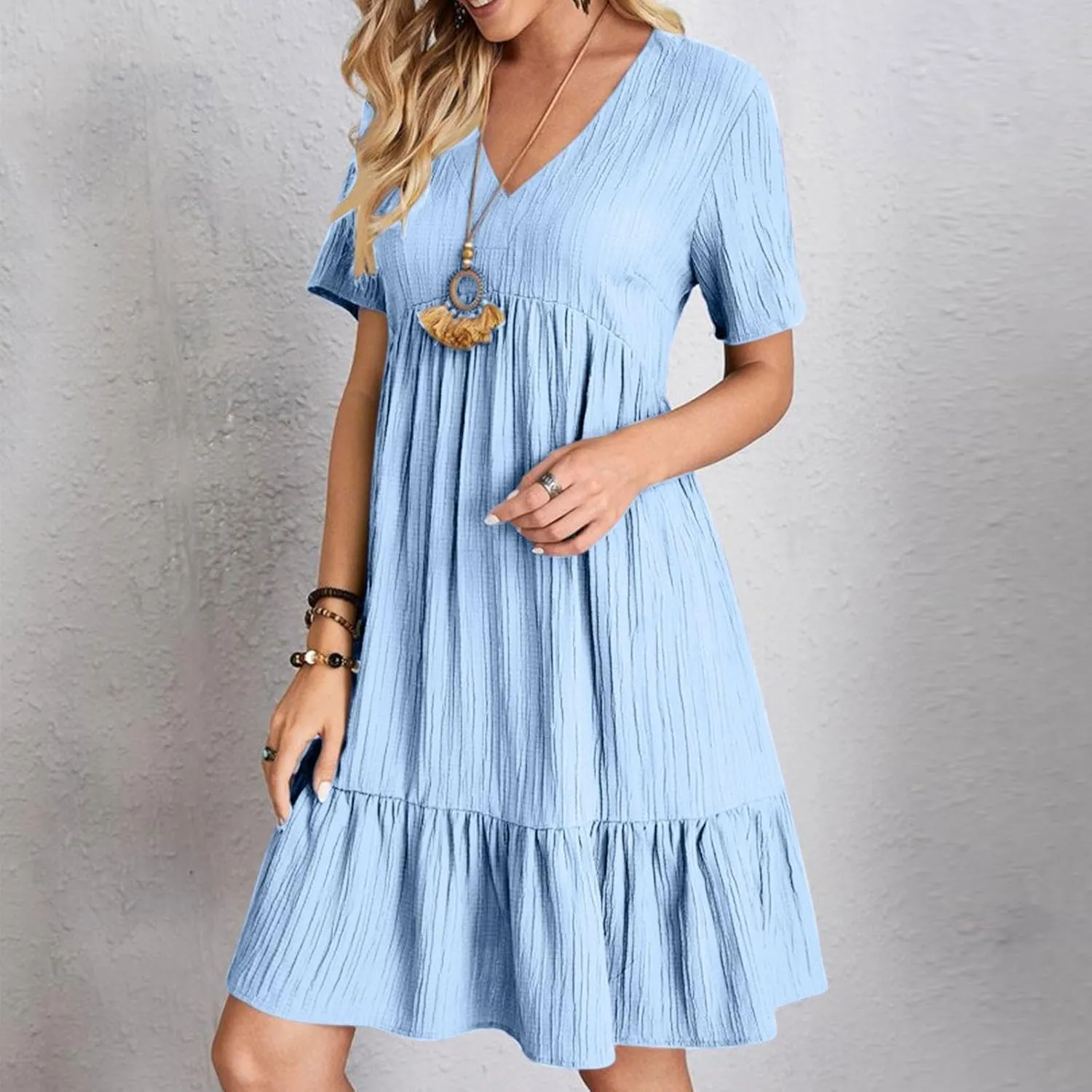 Summer Dresses for Women 2025 Casual Short Sleeve V Neck Midi Dress Pleated Tiered A Line Flowy Sundresses Vacation Clothes