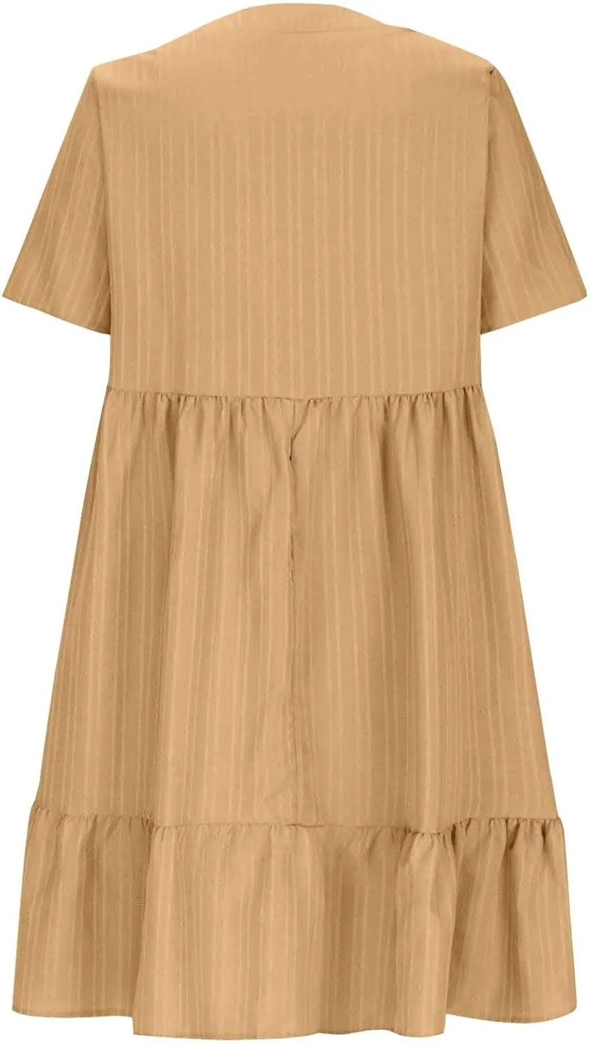 Summer Dresses for Women 2025 Casual Short Sleeve V Neck Midi Dress Pleated Tiered A Line Flowy Sundresses Vacation Clothes