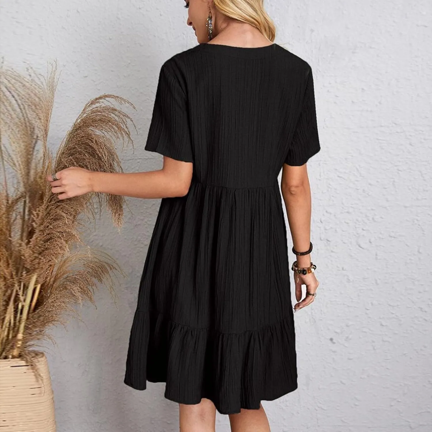 Summer Dresses for Women 2025 Pleated Tiered A Line Flowy Midi Dress Ladies Casual Fashion Short Sleeve V Neck Sundresses