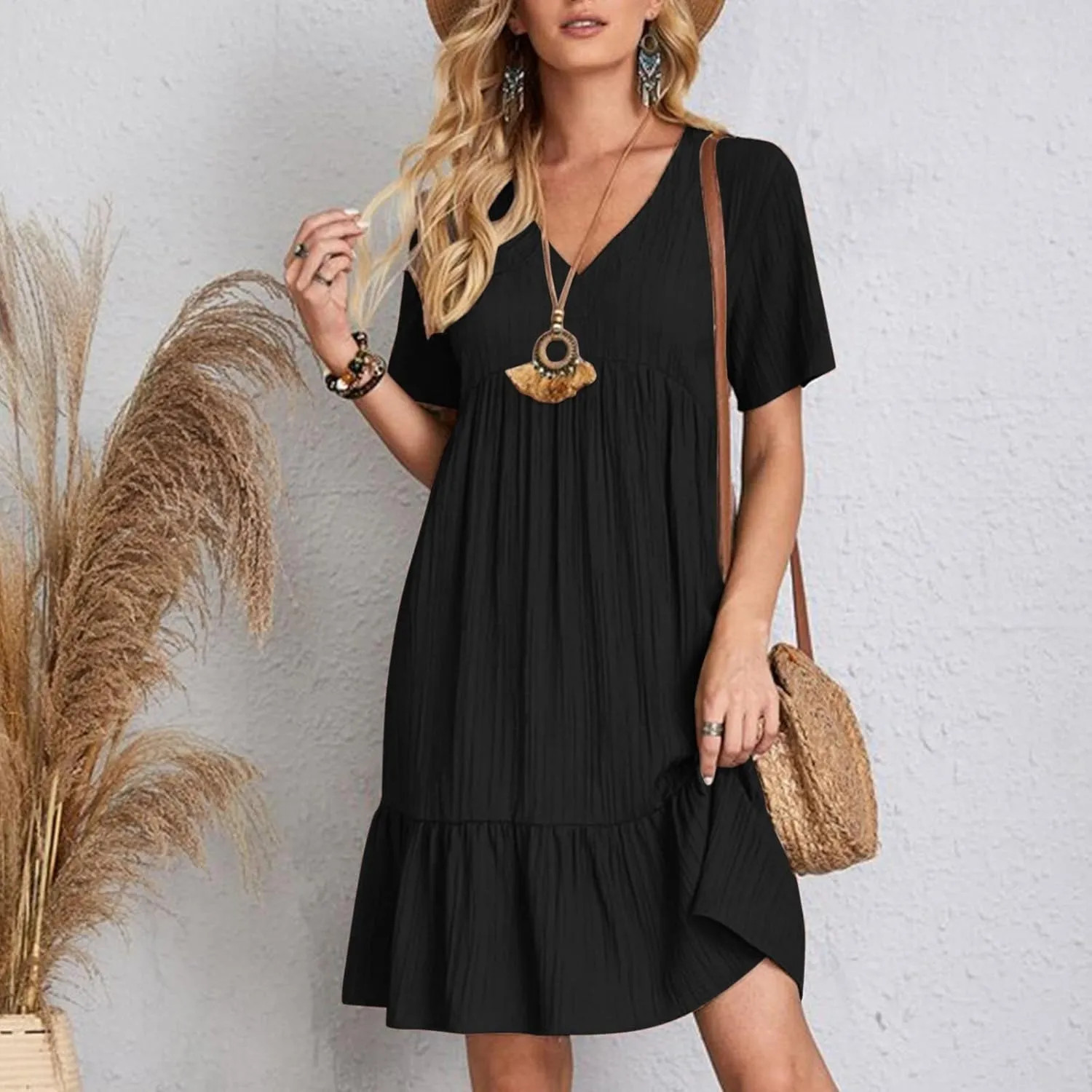 Summer Dresses for Women 2025 Pleated Tiered A Line Flowy Midi Dress Ladies Casual Fashion Short Sleeve V Neck Sundresses
