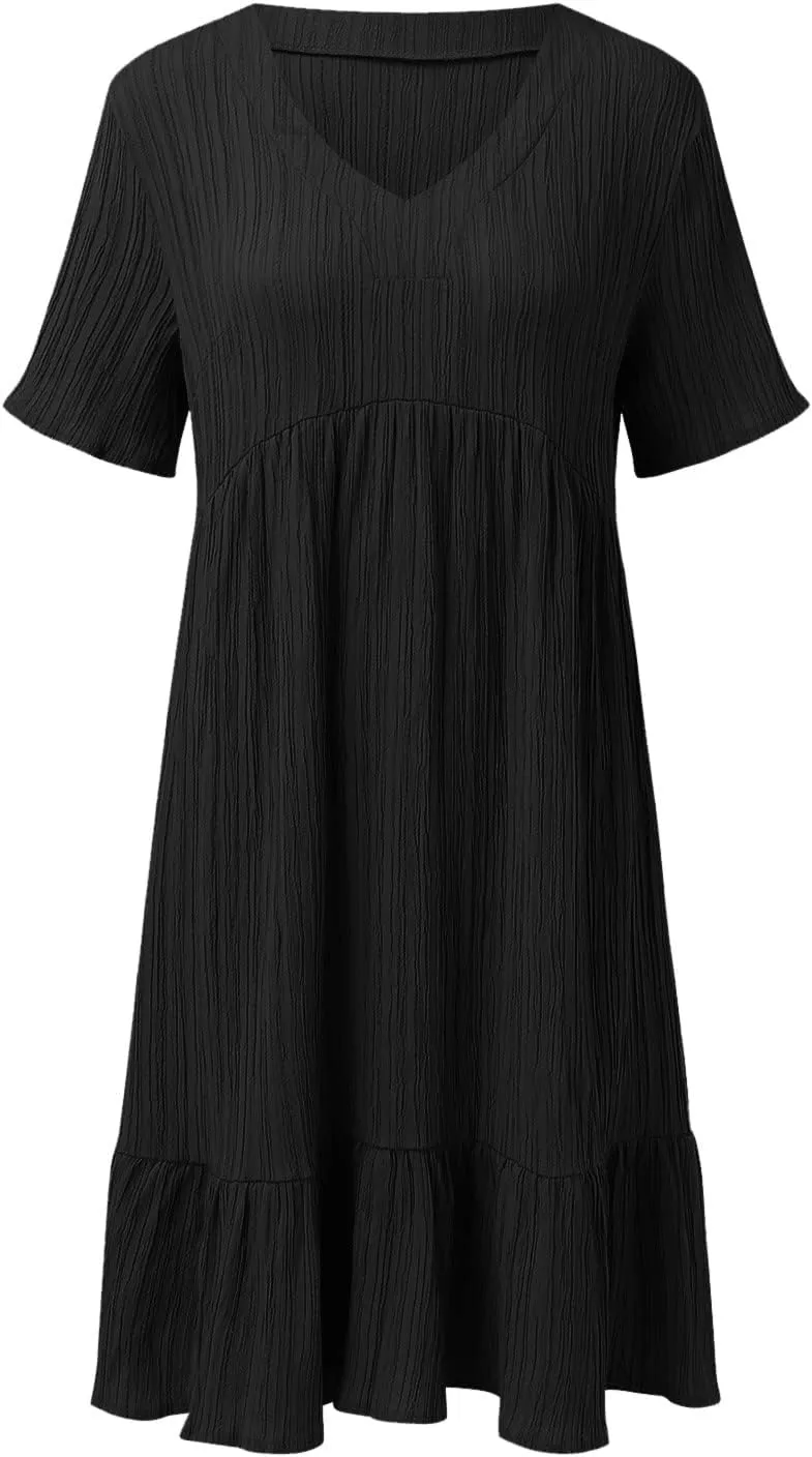 Summer Dresses for Women 2025 Pleated Tiered A Line Flowy Midi Dress Ladies Casual Fashion Short Sleeve V Neck Sundresses