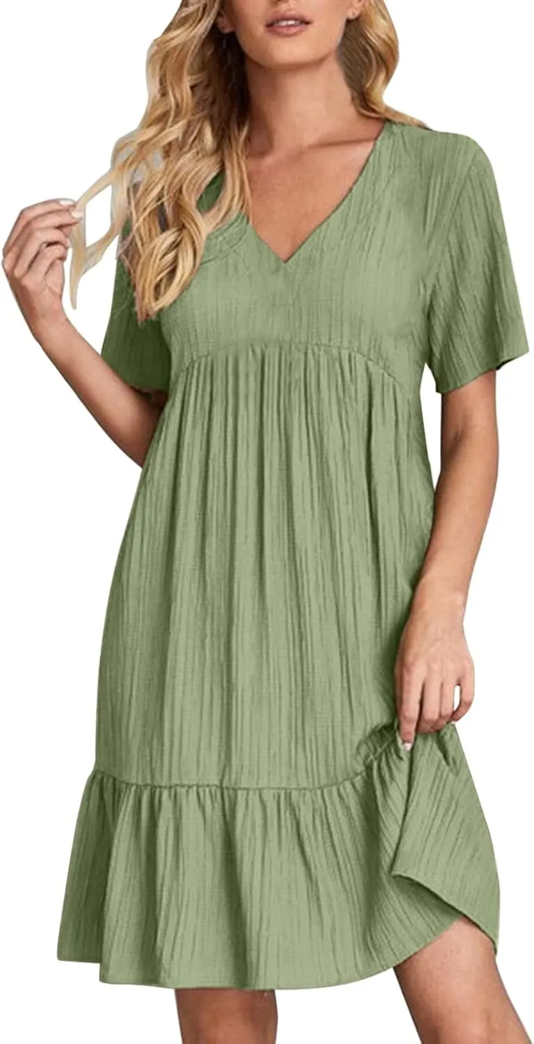 Summer Dresses for Women 2025 Pleated Tiered A Line Flowy Midi Dress Ladies Casual Fashion Short Sleeve V Neck Sundresses