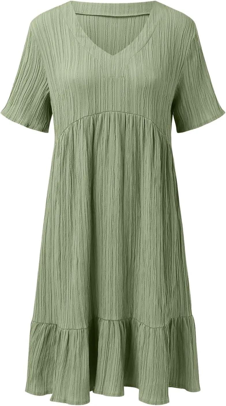 Summer Dresses for Women 2025 Pleated Tiered A Line Flowy Midi Dress Ladies Casual Fashion Short Sleeve V Neck Sundresses