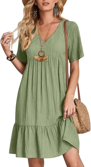 Summer Dresses for Women 2025 Pleated Tiered A Line Flowy Midi Dress Ladies Casual Fashion Short Sleeve V Neck Sundresses