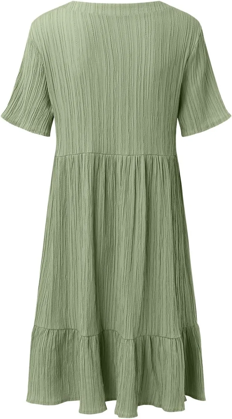 Summer Dresses for Women 2025 Pleated Tiered A Line Flowy Midi Dress Ladies Casual Fashion Short Sleeve V Neck Sundresses