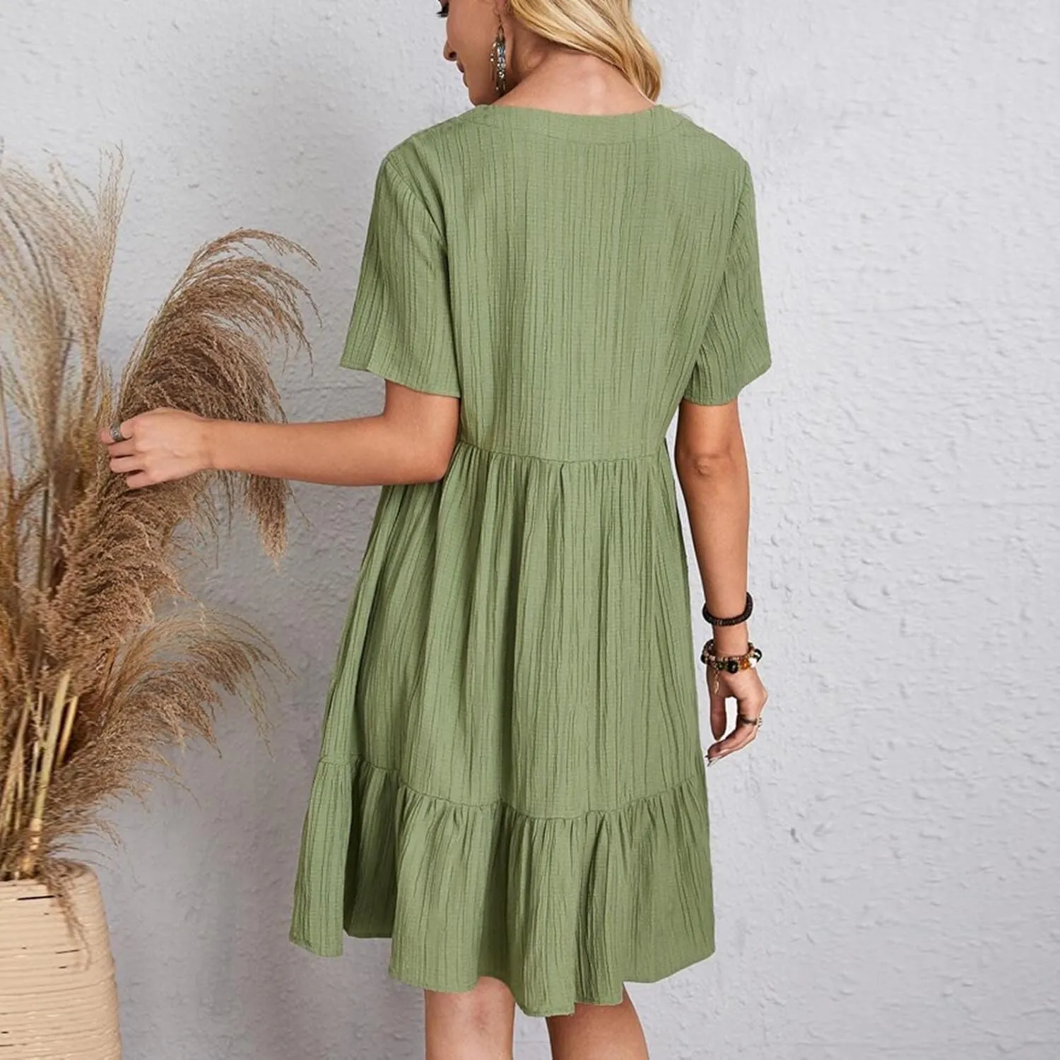 Summer Dresses for Women 2025 Pleated Tiered A Line Flowy Midi Dress Ladies Casual Fashion Short Sleeve V Neck Sundresses