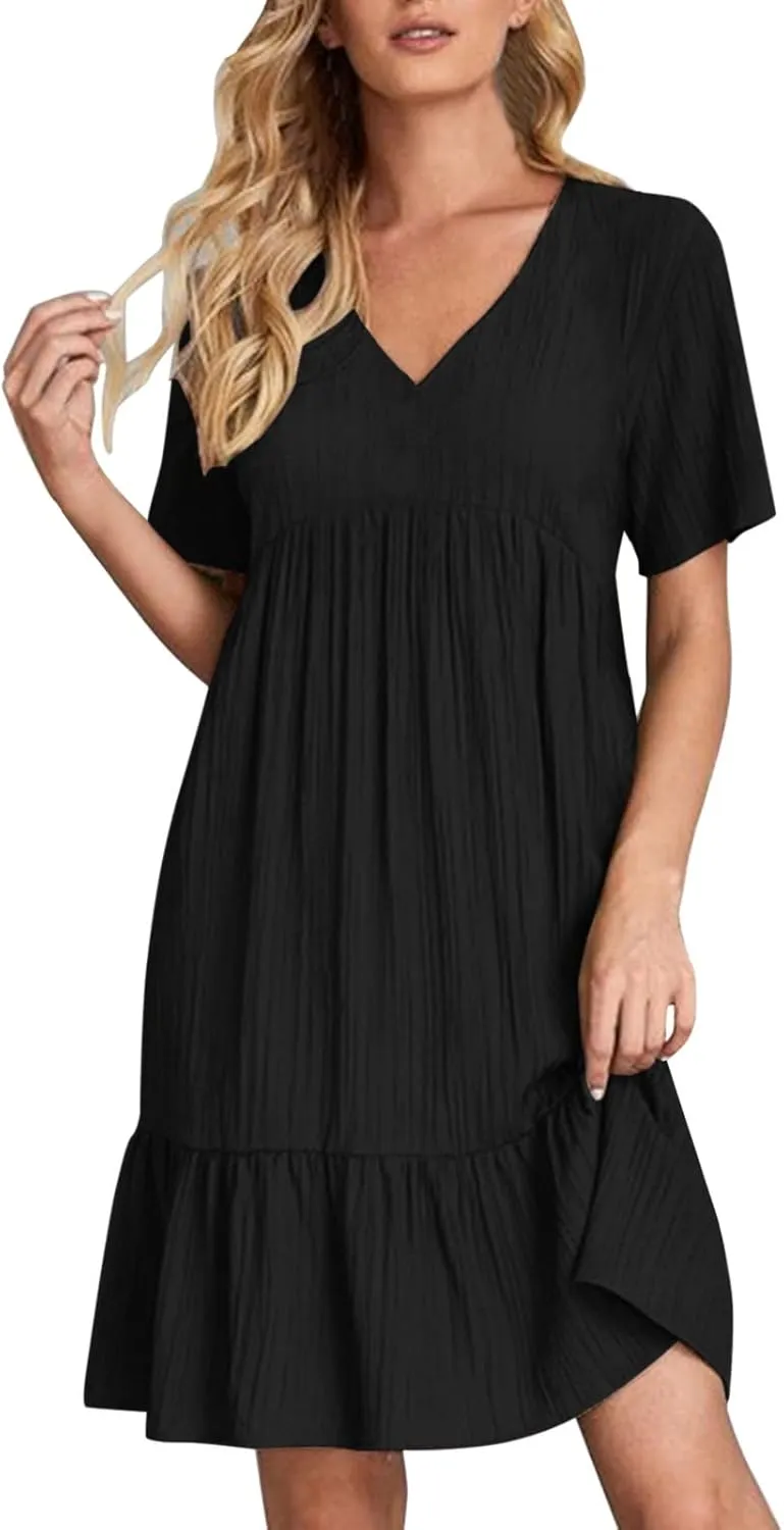 Summer Dresses for Women 2025 Pleated Tiered A Line Flowy Midi Dress Ladies Casual Fashion Short Sleeve V Neck Sundresses