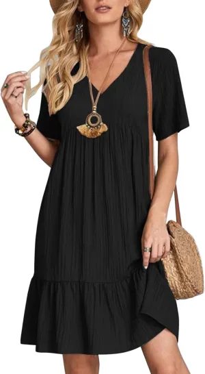 Summer Dresses for Women 2025 Pleated Tiered A Line Flowy Midi Dress Ladies Casual Fashion Short Sleeve V Neck Sundresses
