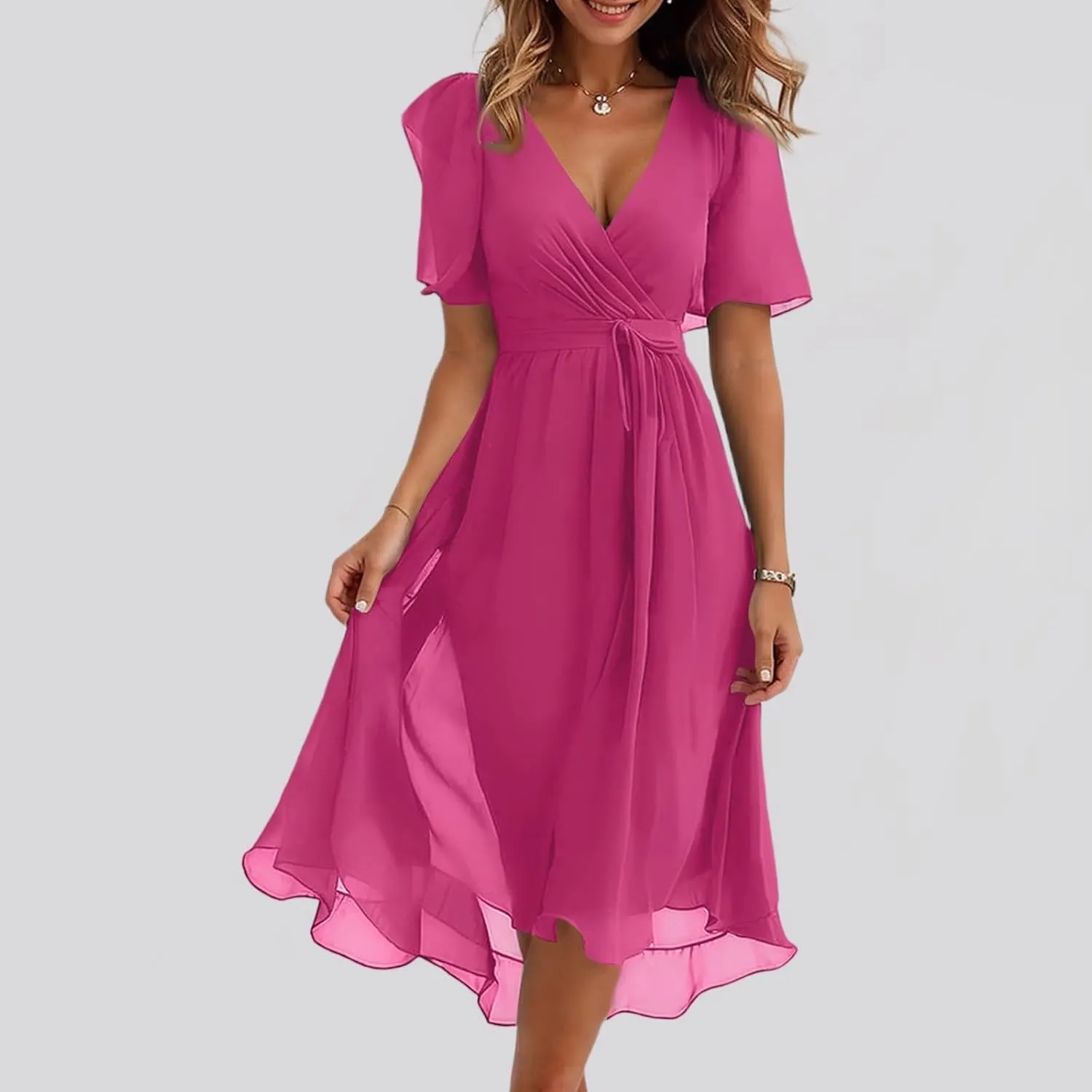 Summer Dresses for Women 2025 V Neck Chiffon Short Sleeve Midi Dress Empire Waist Casual Loose Fit A Line Dress