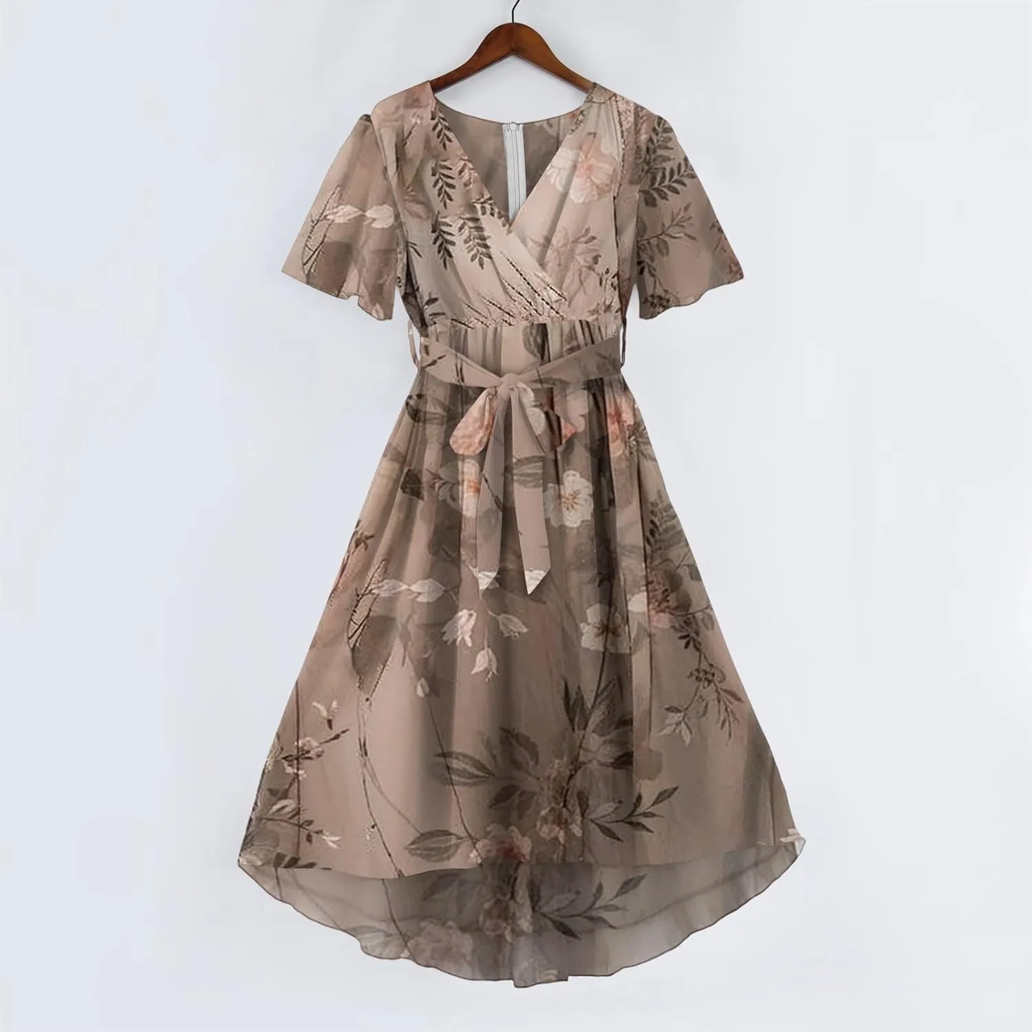 Summer Dresses for Women 2025 V Neck Chiffon Short Sleeve Midi Dress Empire Waist Casual Loose Fit A Line Dress