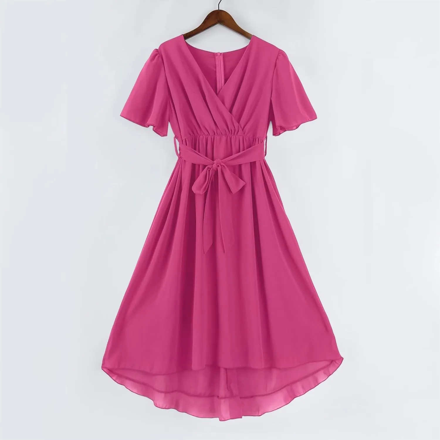 Summer Dresses for Women 2025 V Neck Chiffon Short Sleeve Midi Dress Empire Waist Casual Loose Fit A Line Dress