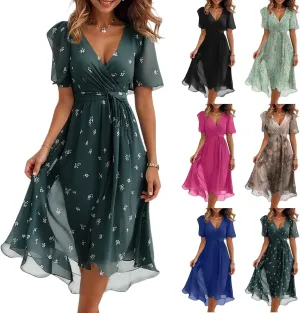 Summer Dresses for Women 2025 V Neck Chiffon Short Sleeve Midi Dress Empire Waist Casual Loose Fit A Line Dress