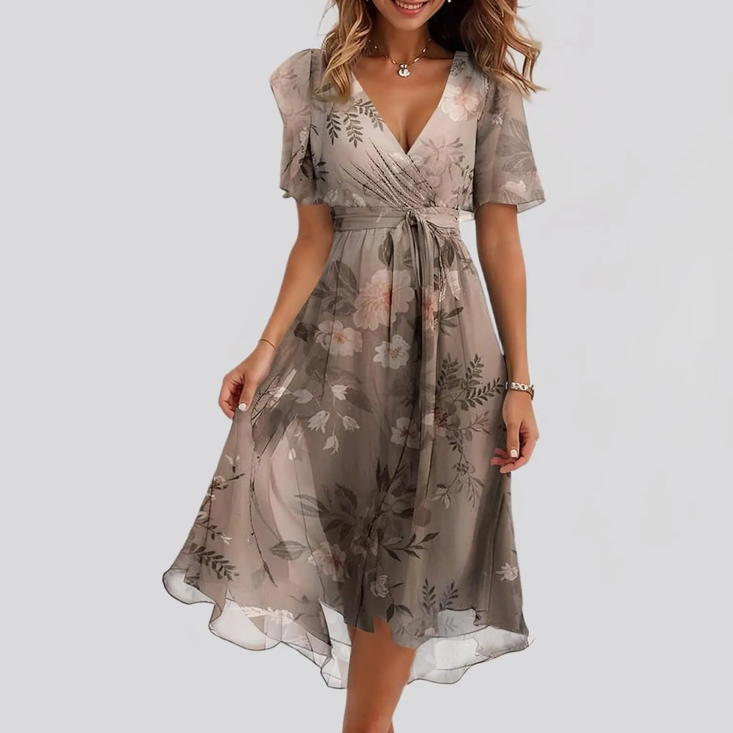 Summer Dresses for Women 2025 V Neck Chiffon Short Sleeve Midi Dress Empire Waist Casual Loose Fit A Line Dress