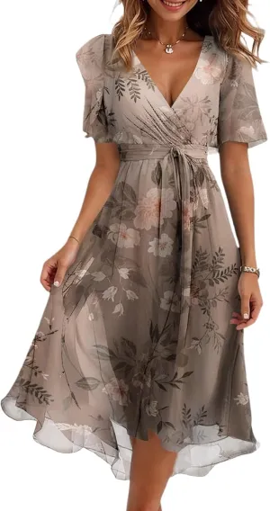 Summer Dresses for Women 2025 V Neck Chiffon Short Sleeve Midi Dress Empire Waist Casual Loose Fit A Line Dress
