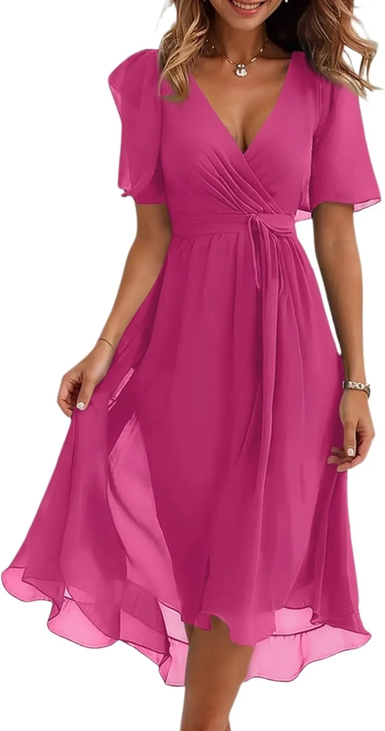 Summer Dresses for Women 2025 V Neck Chiffon Short Sleeve Midi Dress Empire Waist Casual Loose Fit A Line Dress