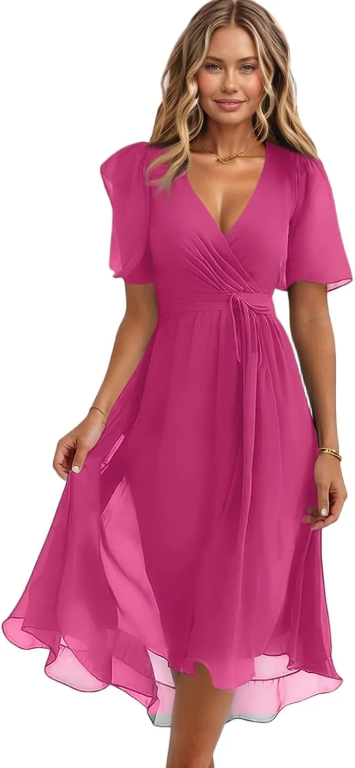 Summer Dresses for Women 2025 V Neck Chiffon Short Sleeve Midi Dress Empire Waist Casual Loose Fit A Line Dress