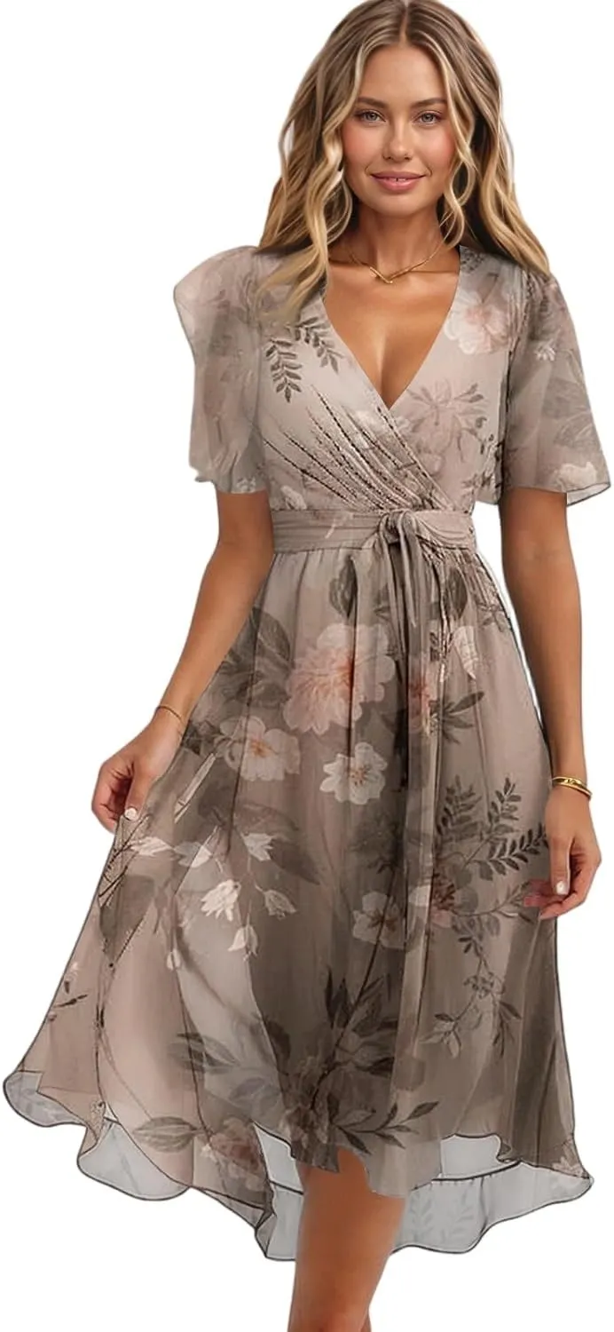 Summer Dresses for Women 2025 V Neck Chiffon Short Sleeve Midi Dress Empire Waist Casual Loose Fit A Line Dress