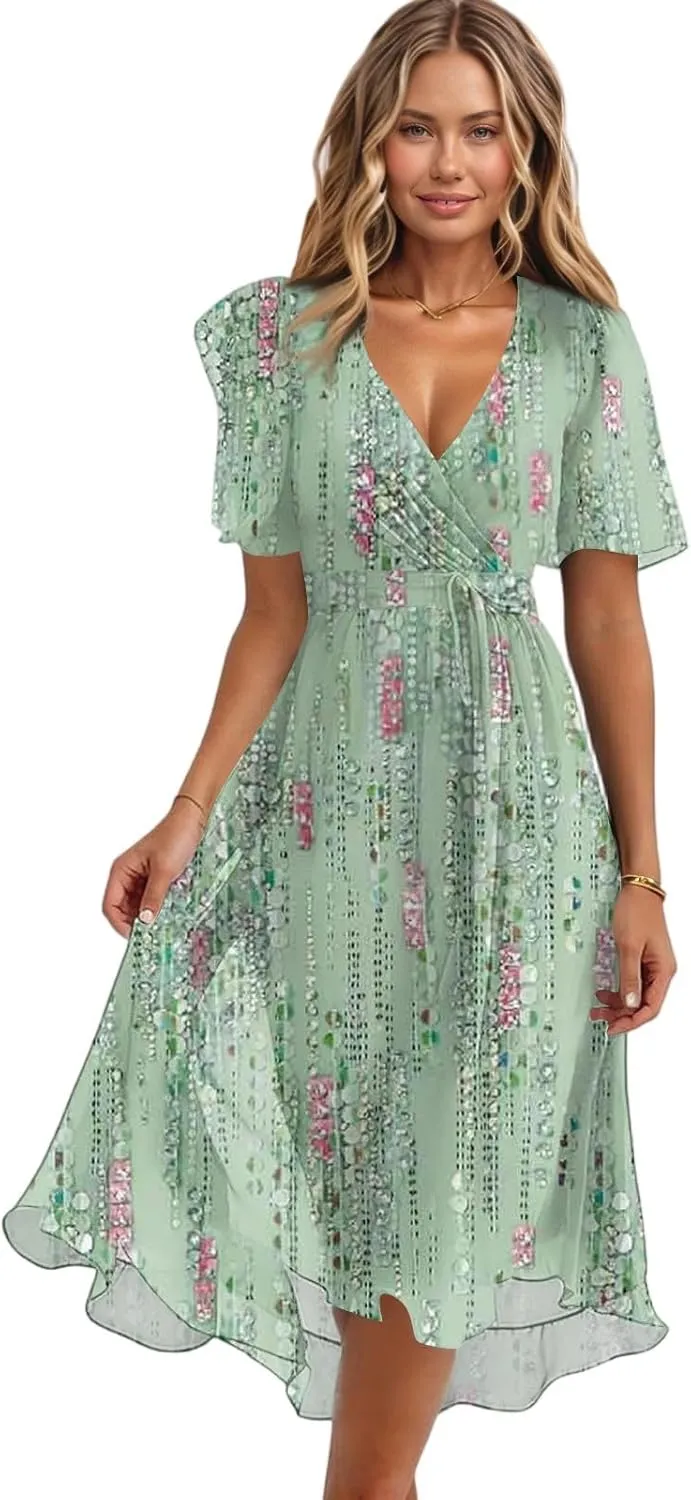 Summer Dresses for Women 2025 V Neck Chiffon Short Sleeve Midi Dress Empire Waist Casual Loose Fit A Line Dress