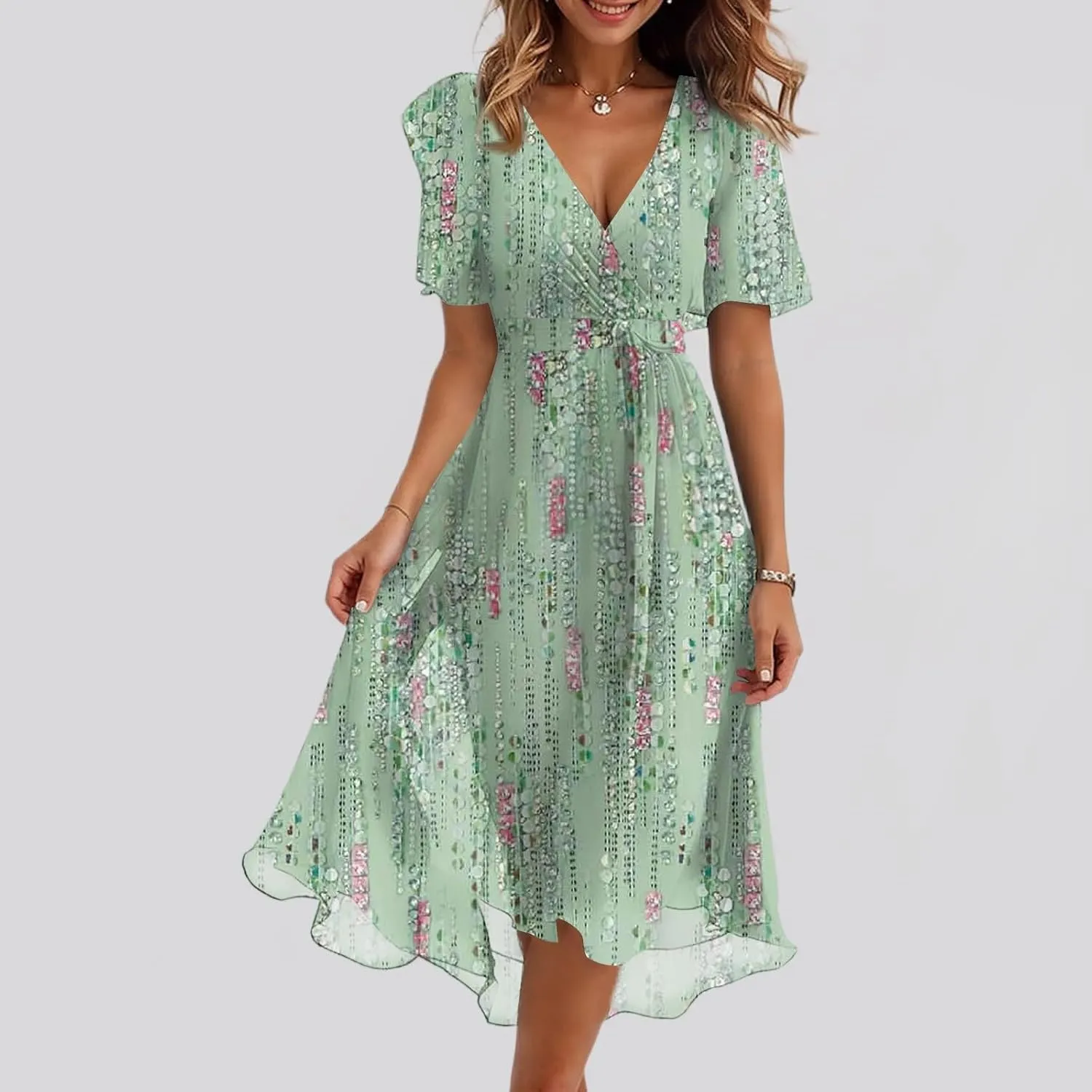 Summer Dresses for Women 2025 V Neck Chiffon Short Sleeve Midi Dress Empire Waist Casual Loose Fit A Line Dress