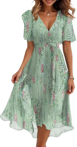 Summer Dresses for Women 2025 V Neck Chiffon Short Sleeve Midi Dress Empire Waist Casual Loose Fit A Line Dress