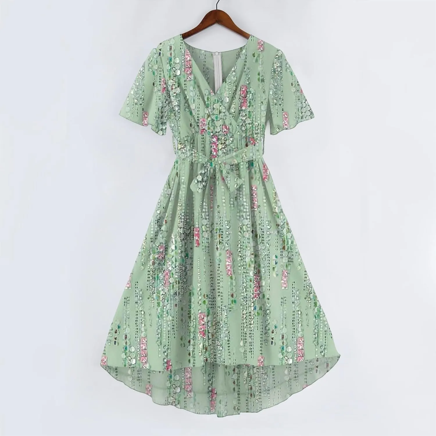 Summer Dresses for Women 2025 V Neck Chiffon Short Sleeve Midi Dress Empire Waist Casual Loose Fit A Line Dress