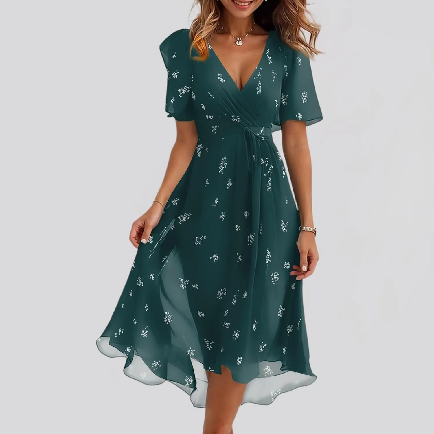 Summer Dresses for Women 2025 V Neck Chiffon Short Sleeve Midi Dress Empire Waist Casual Loose Fit A Line Dress