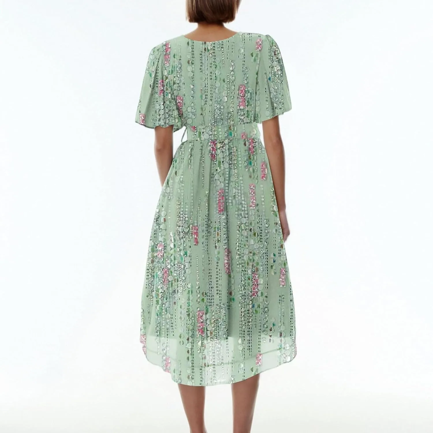 Summer Dresses for Women 2025 V Neck Chiffon Short Sleeve Midi Dress Empire Waist Casual Loose Fit A Line Dress