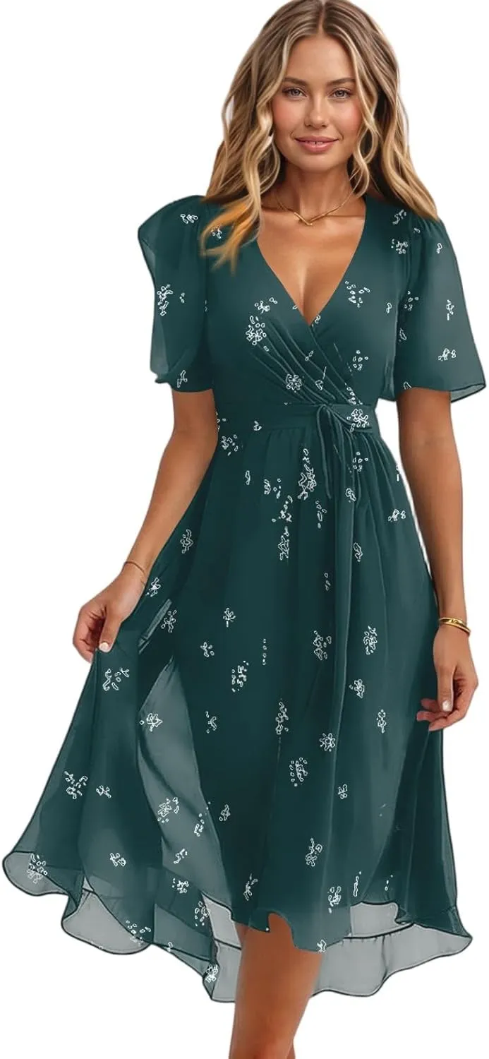 Summer Dresses for Women 2025 V Neck Chiffon Short Sleeve Midi Dress Empire Waist Casual Loose Fit A Line Dress