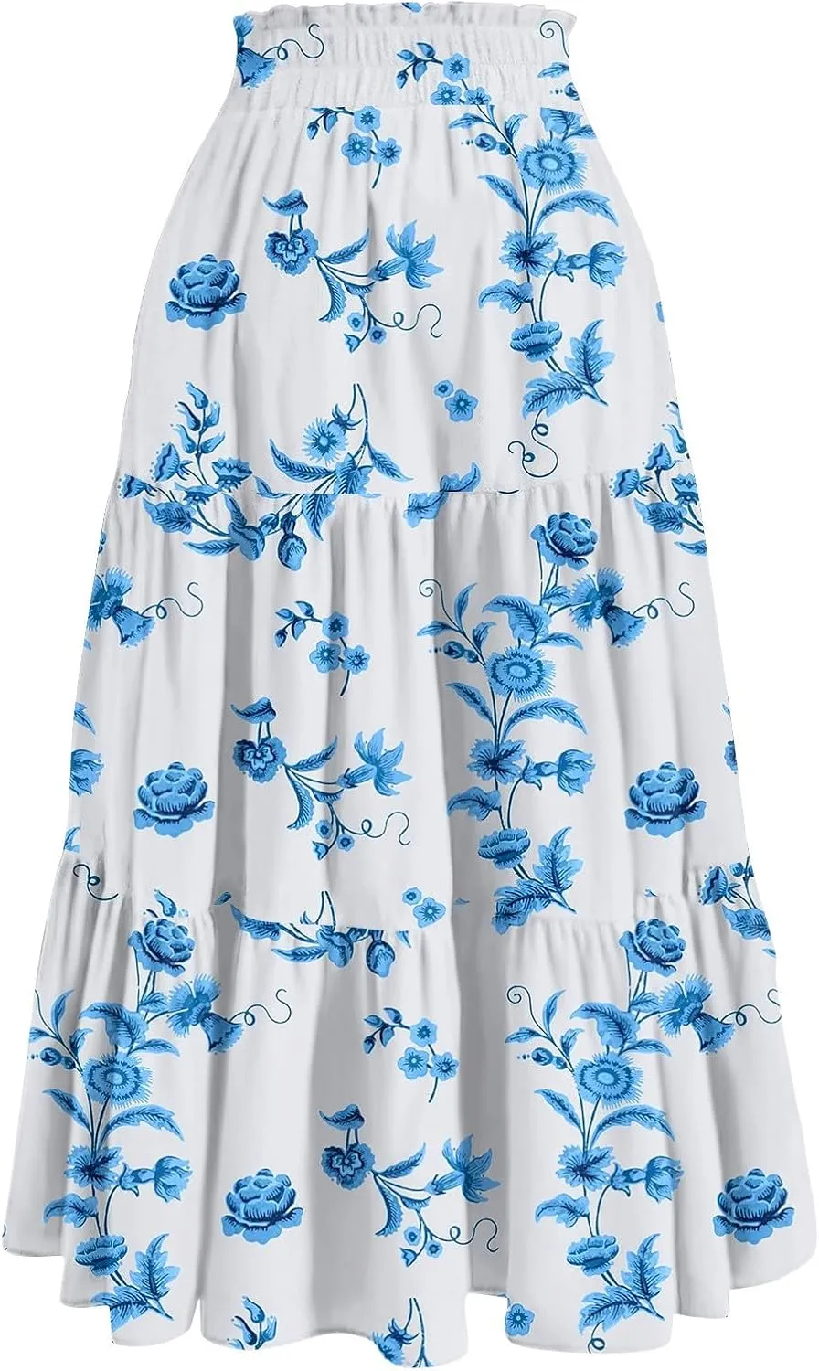 Summer Maxi Skirts for Women Boho Drawstring Elastic High Waist Long Skirts A Line Floral Pleated Tiered Loose Skirt