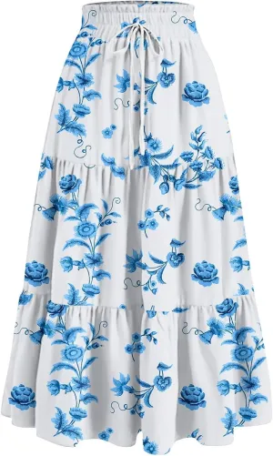 Summer Maxi Skirts for Women Boho Drawstring Elastic High Waist Long Skirts A Line Floral Pleated Tiered Loose Skirt