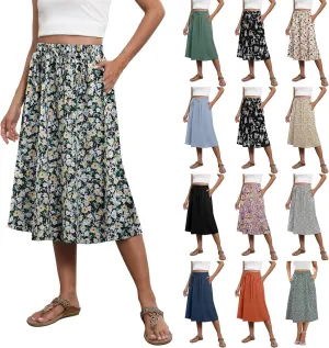 Summer Midi Skirts for Women 2025 Vacation Flowy Beach Skirt Drawstring High Waisted A-Line Boho Skirt with Pockets
