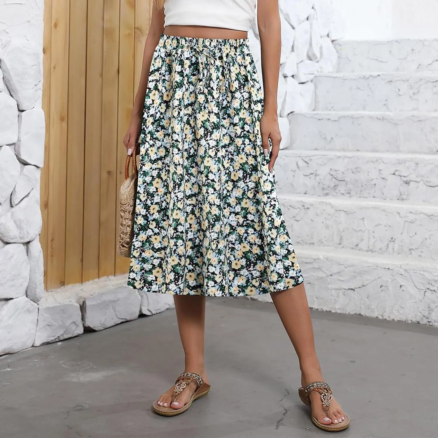 Summer Midi Skirts for Women 2025 Vacation Flowy Beach Skirt Drawstring High Waisted A-Line Boho Skirt with Pockets