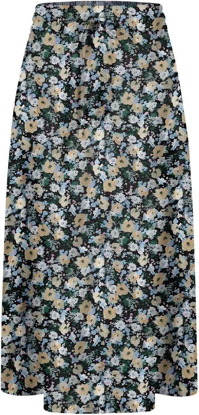 Summer Midi Skirts for Women 2025 Vacation Flowy Beach Skirt Drawstring High Waisted A-Line Boho Skirt with Pockets