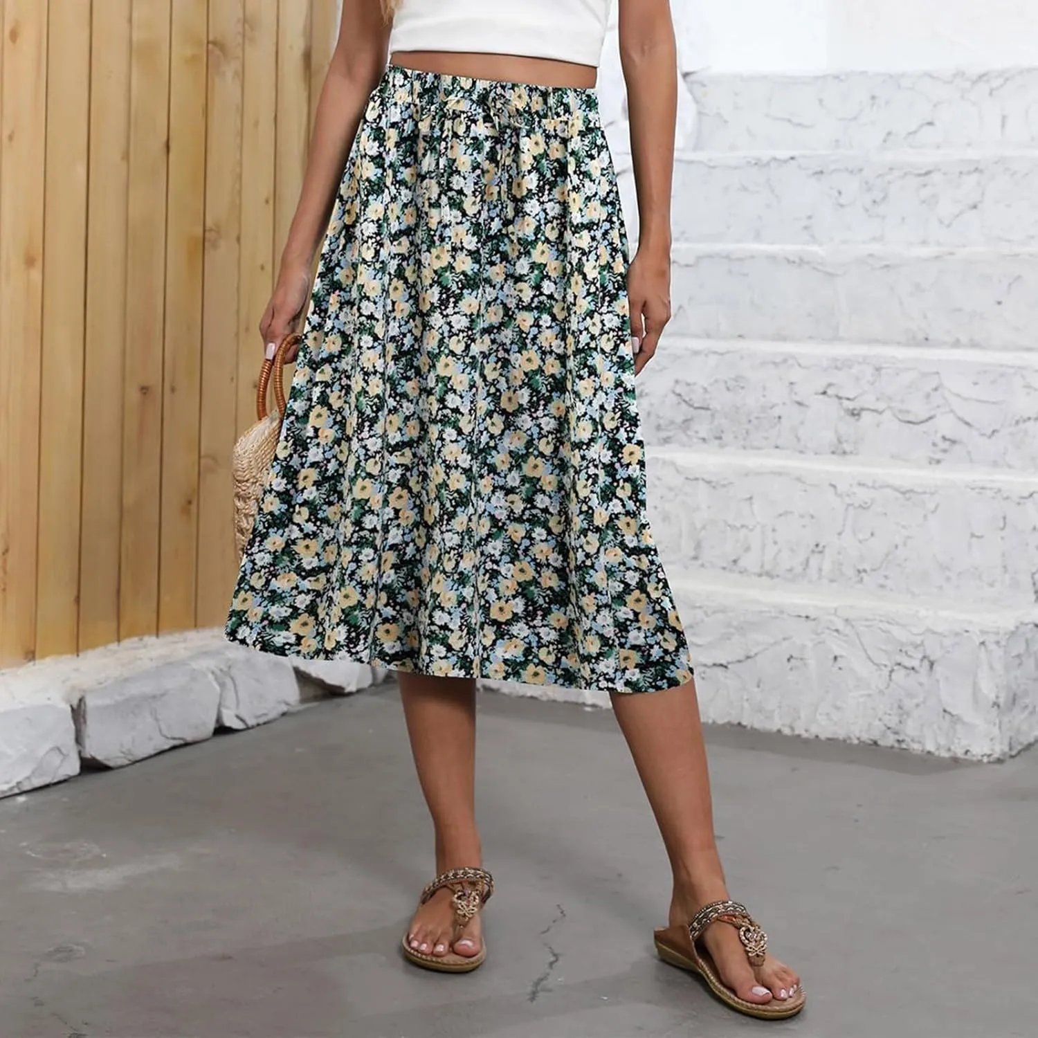 Summer Midi Skirts for Women 2025 Vacation Flowy Beach Skirt Drawstring High Waisted A-Line Boho Skirt with Pockets