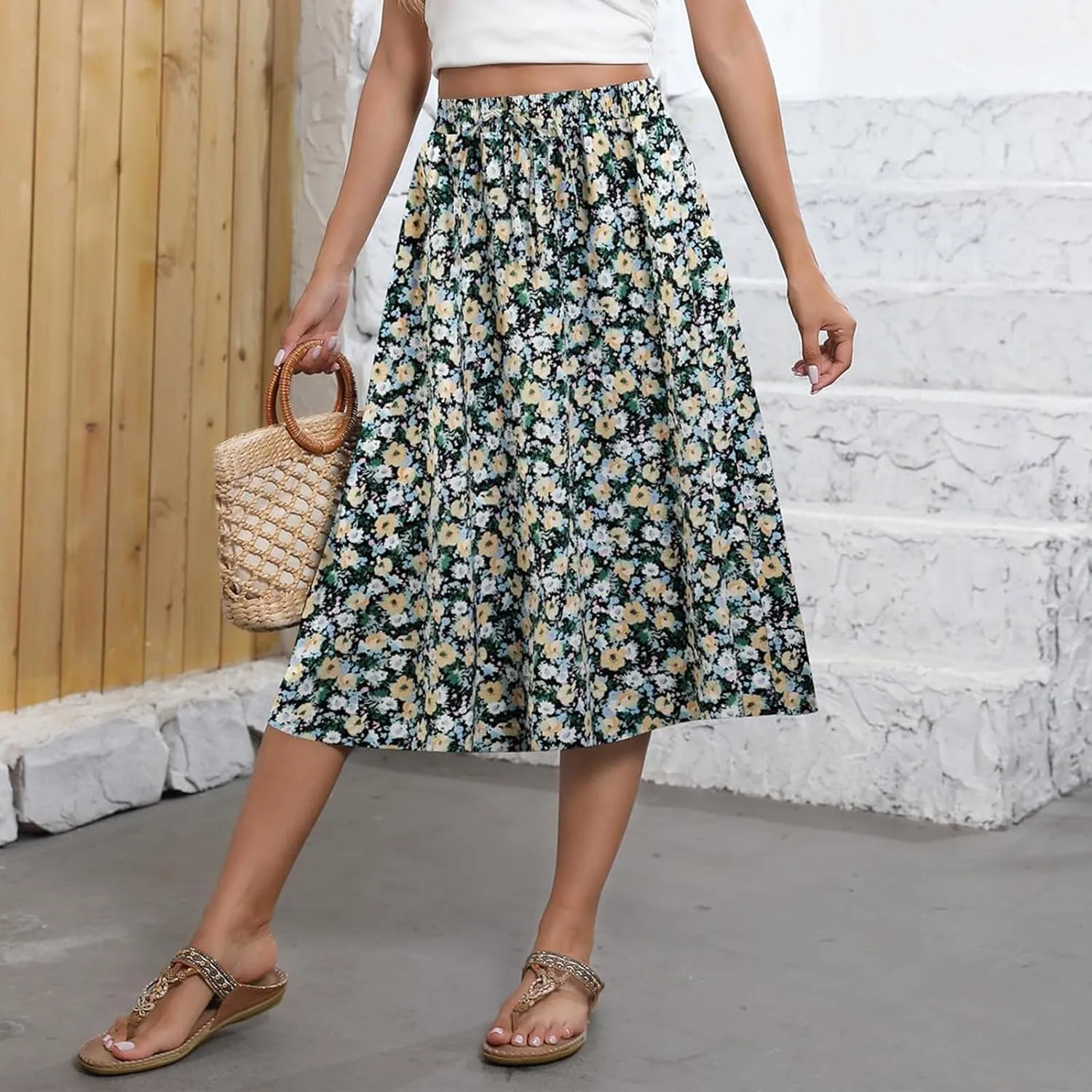 Summer Midi Skirts for Women 2025 Vacation Flowy Beach Skirt Drawstring High Waisted A-Line Boho Skirt with Pockets
