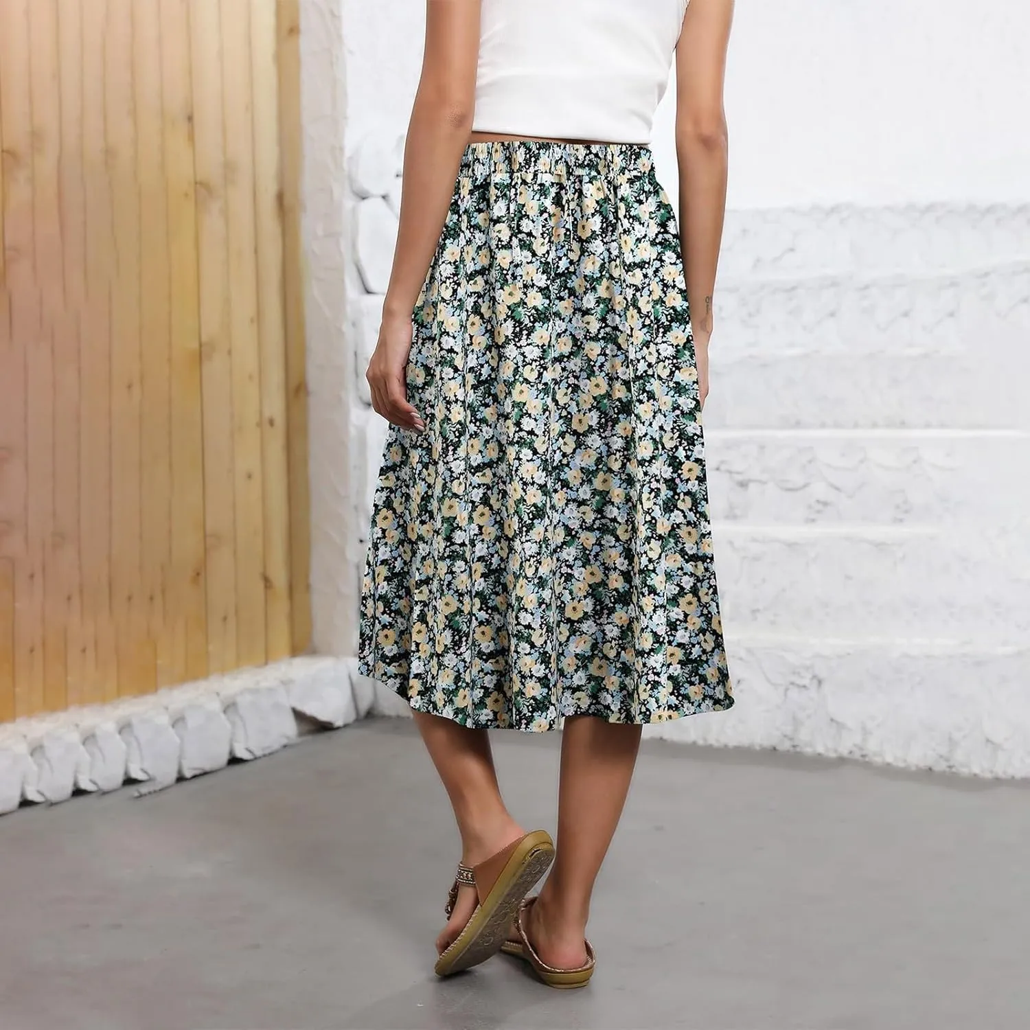 Summer Midi Skirts for Women 2025 Vacation Flowy Beach Skirt Drawstring High Waisted A-Line Boho Skirt with Pockets