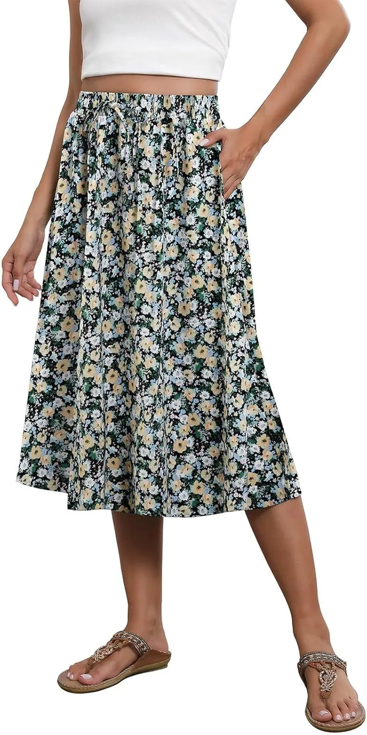 Summer Midi Skirts for Women 2025 Vacation Flowy Beach Skirt Drawstring High Waisted A-Line Boho Skirt with Pockets