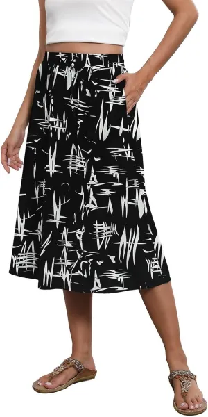 Summer Skirts for Women 2025 Midi Length Boho Floral Elastic High Waist Pleated A Line Skirts with Pockets Beach Coverups