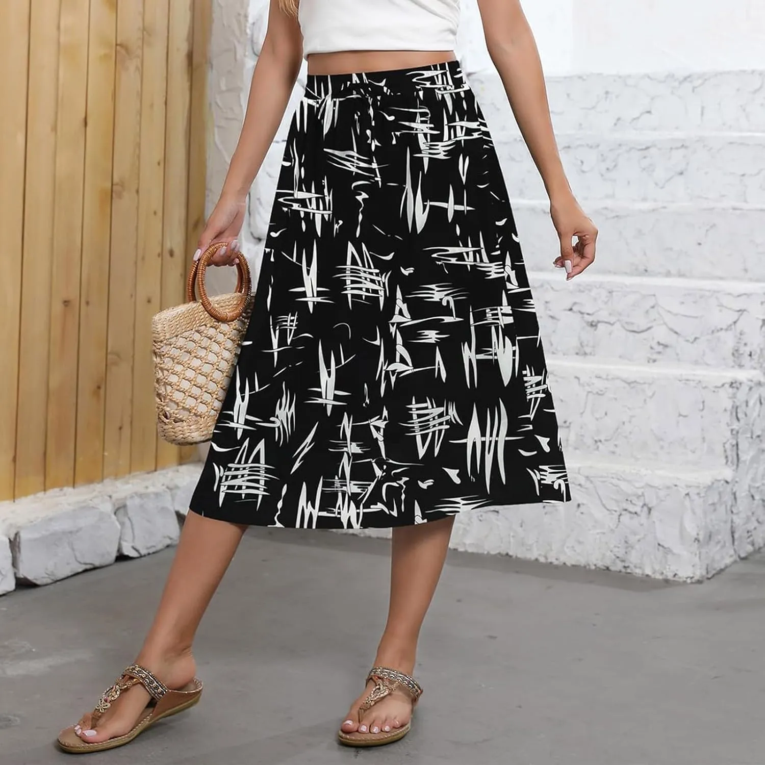 Summer Skirts for Women 2025 Midi Length Boho Floral Elastic High Waist Pleated A Line Skirts with Pockets Beach Coverups