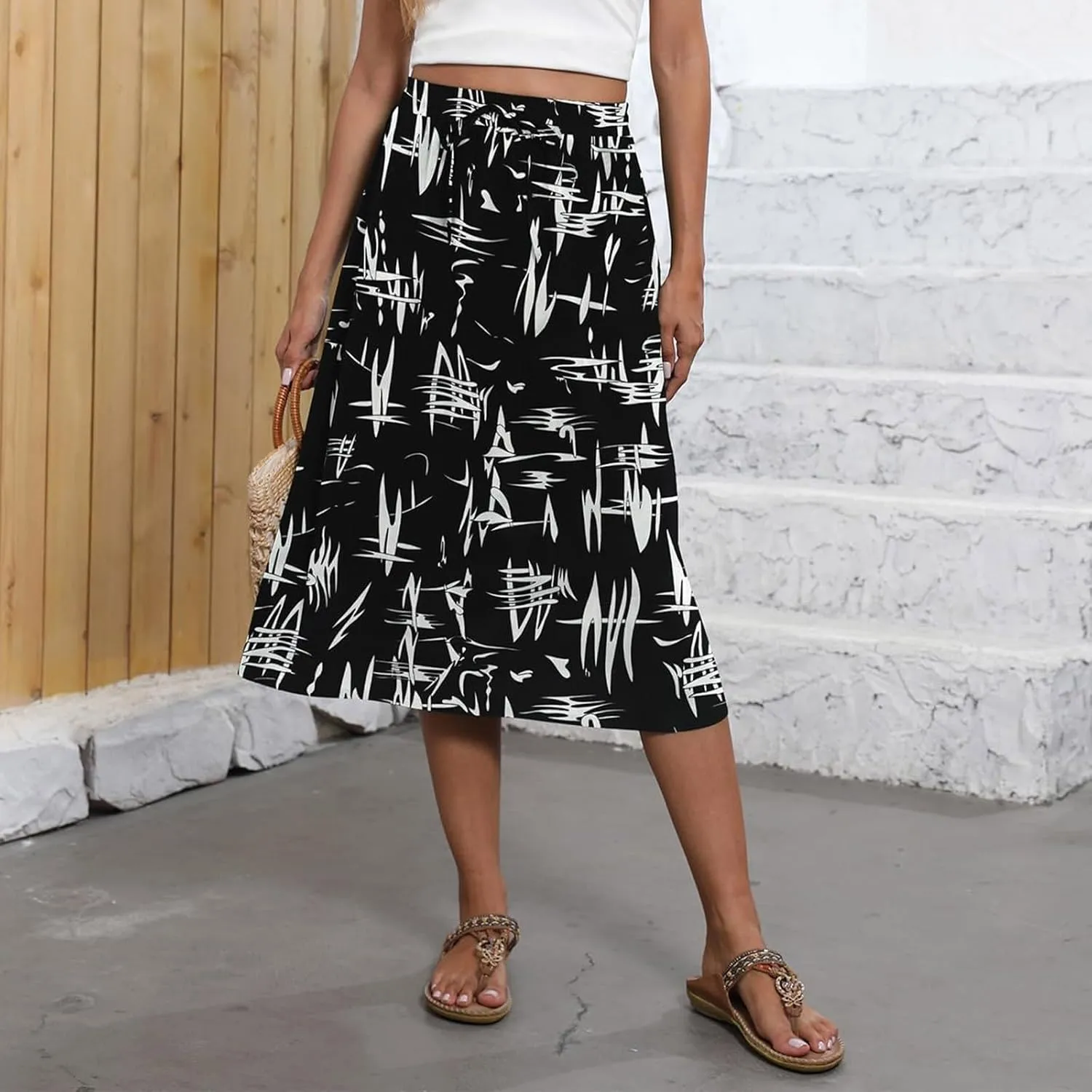 Summer Skirts for Women 2025 Midi Length Boho Floral Elastic High Waist Pleated A Line Skirts with Pockets Beach Coverups