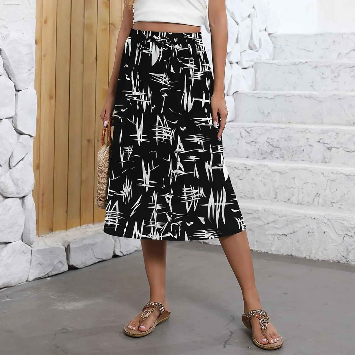 Summer Skirts for Women 2025 Midi Length Boho Floral Elastic High Waist Pleated A Line Skirts with Pockets Beach Coverups