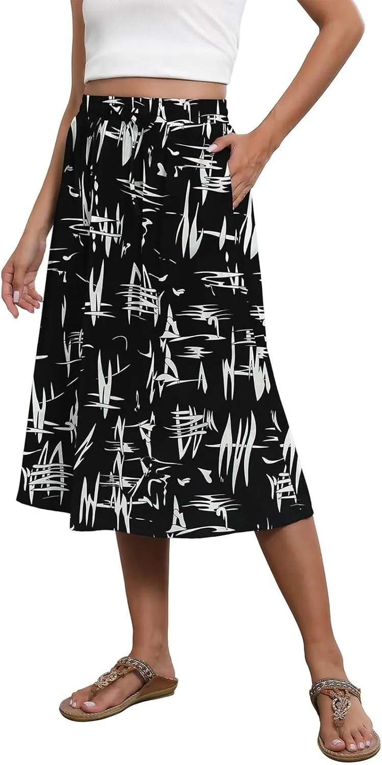 Summer Skirts for Women 2025 Midi Length Boho Floral Elastic High Waist Pleated A Line Skirts with Pockets Beach Coverups
