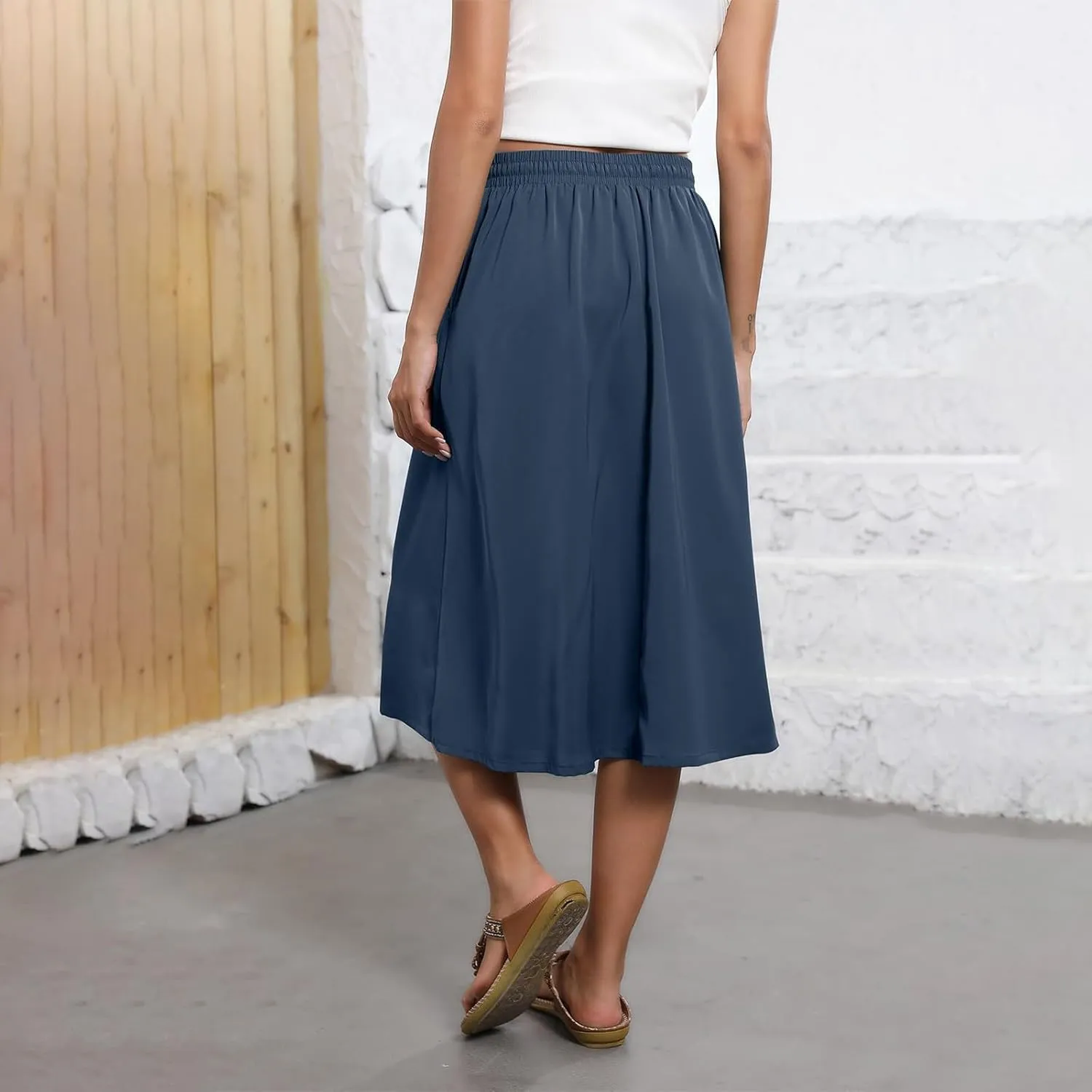 Summer Skirts for Women 2025 Midi Length Elastic High Waist Boho Floral Pleated A Line Skirts with Pockets Beach Coverups
