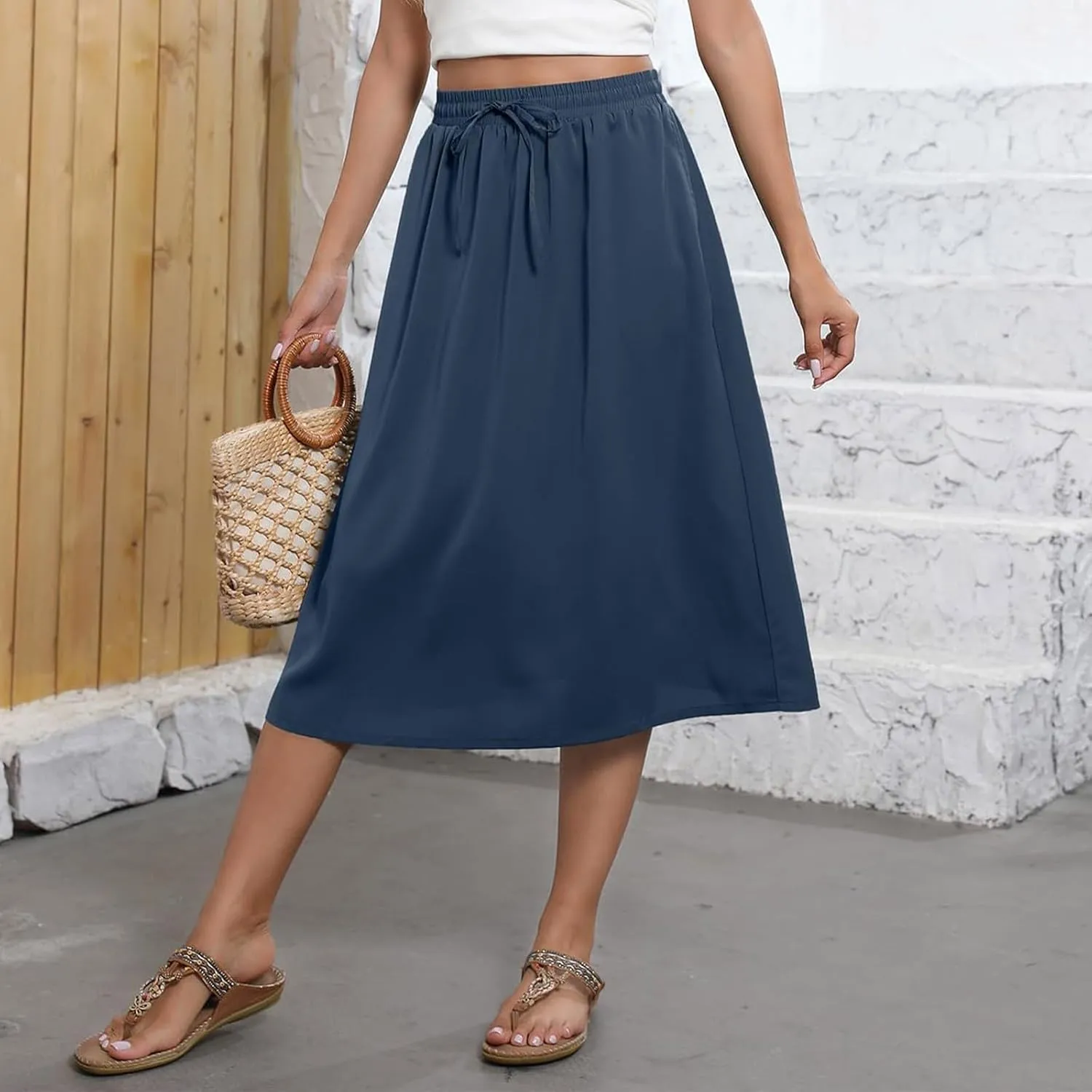 Summer Skirts for Women 2025 Midi Length Elastic High Waist Boho Floral Pleated A Line Skirts with Pockets Beach Coverups