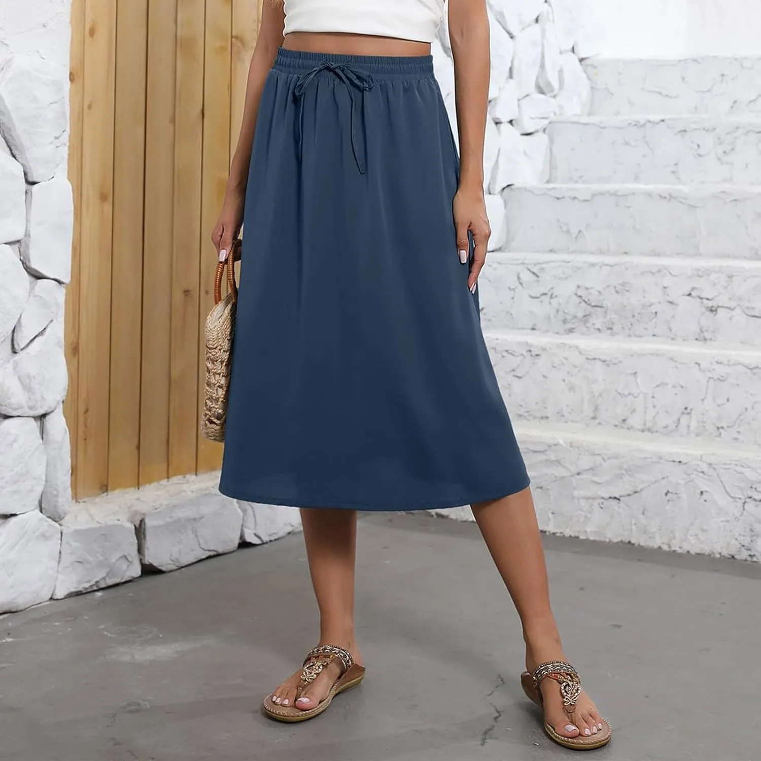 Summer Skirts for Women 2025 Midi Length Elastic High Waist Boho Floral Pleated A Line Skirts with Pockets Beach Coverups
