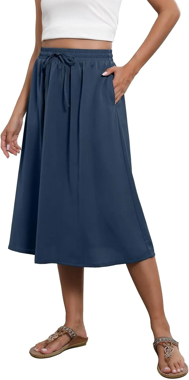 Summer Skirts for Women 2025 Midi Length Elastic High Waist Boho Floral Pleated A Line Skirts with Pockets Beach Coverups