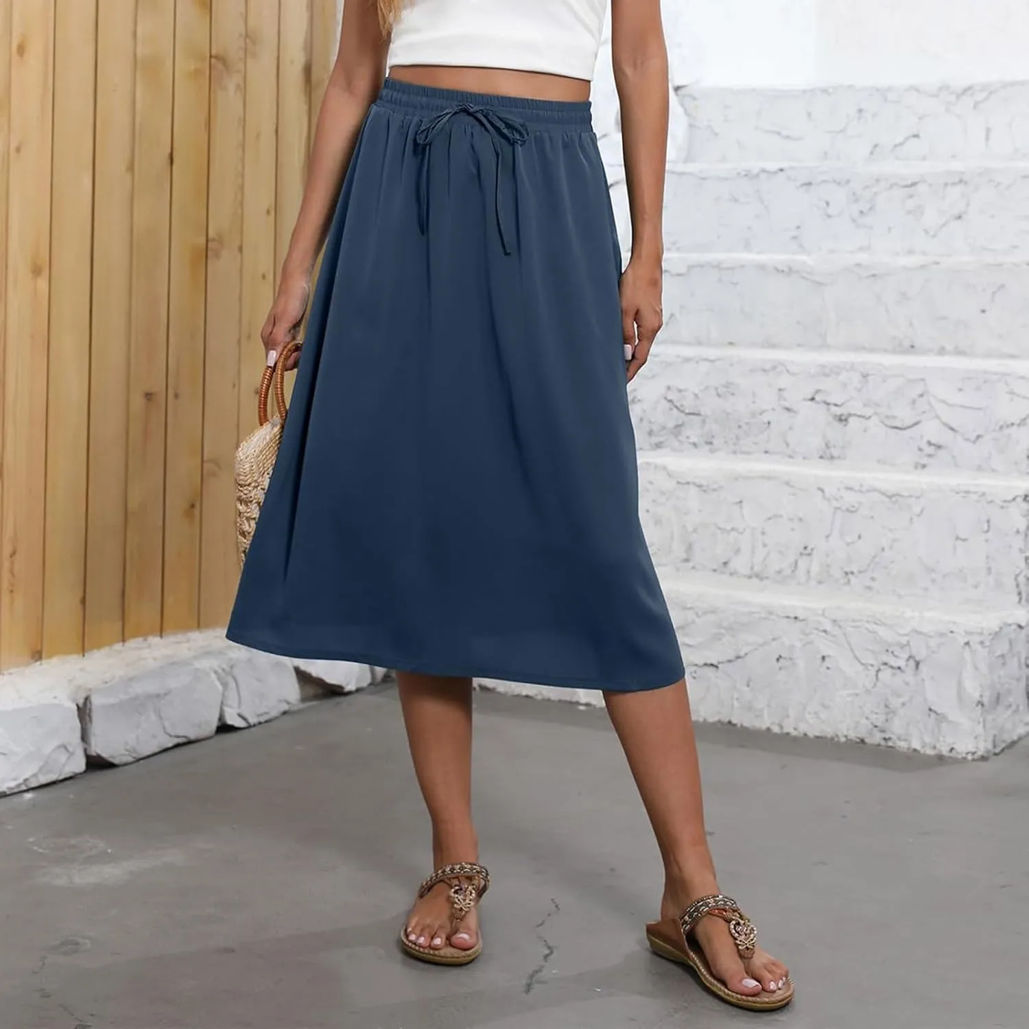 Summer Skirts for Women 2025 Midi Length Elastic High Waist Boho Floral Pleated A Line Skirts with Pockets Beach Coverups
