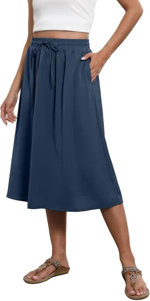 Summer Skirts for Women 2025 Midi Length Elastic High Waist Boho Floral Pleated A Line Skirts with Pockets Beach Coverups