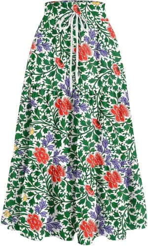 Summer Skirts for Women 2025 Vacation Boho Floral Tiered Skirt Drawstring High Waisted Flowy Ruffle A Line Skirt